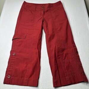 Cabi Womens Cargo Red Cropped Pants Floral Embroidery Roll Up Hem Size 8